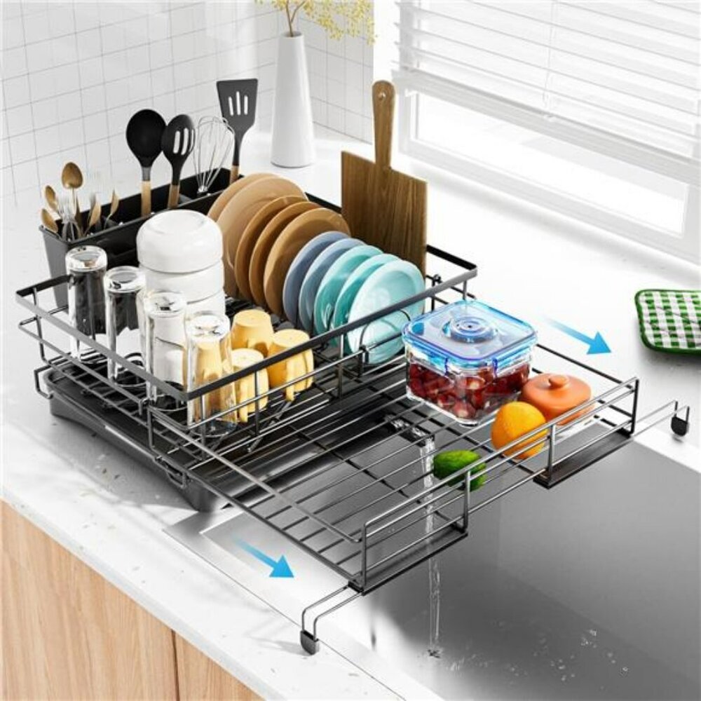 Expandable Dish Drying Rack Large Capacity with Drainboard Utensil Holder Kitche